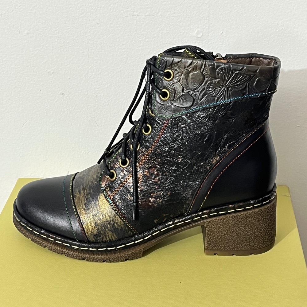 L'Artiste Fallinluv Boots Women 37 Black Multi Leather Floral Ankle Booties